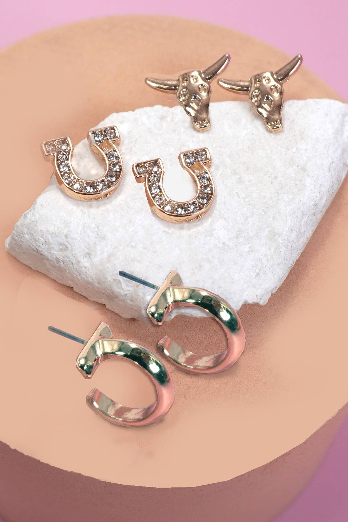 Western Horseshoe Bull Earrings Trio | Gold