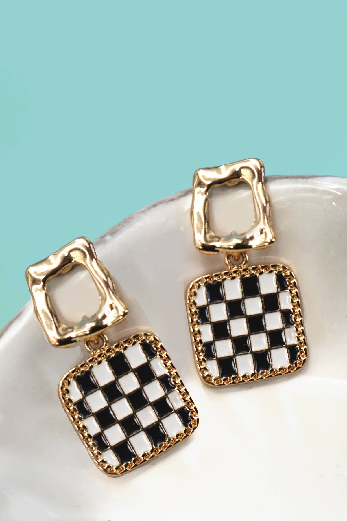 Double Square Checkered Drop Earrings | Gold