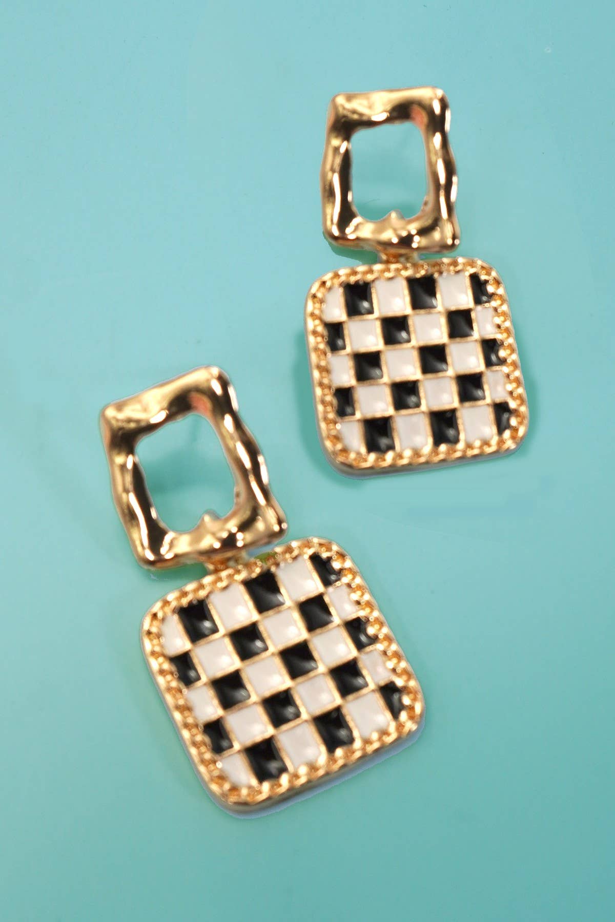 Double Square Checkered Drop Earrings | Gold