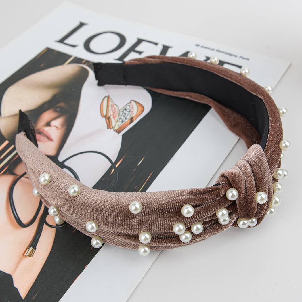 Knotted Beaded Pearl Headband | Coffee