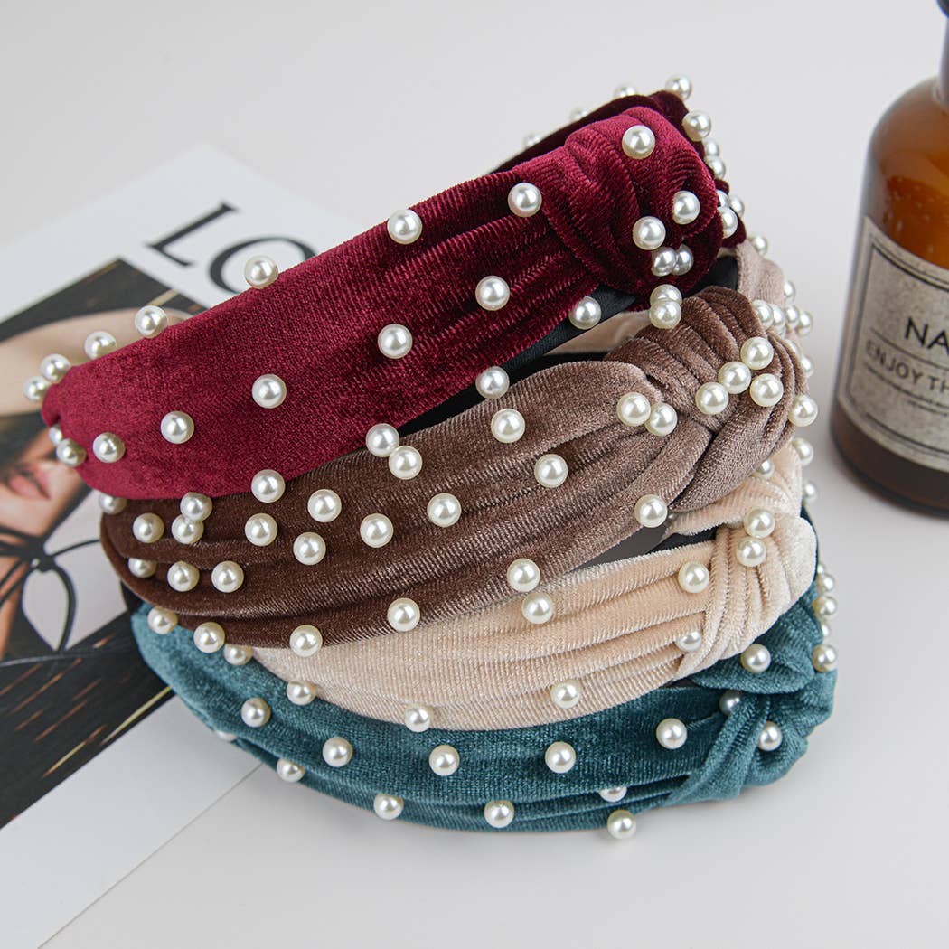 Knotted Beaded Pearl Headband | Coffee
