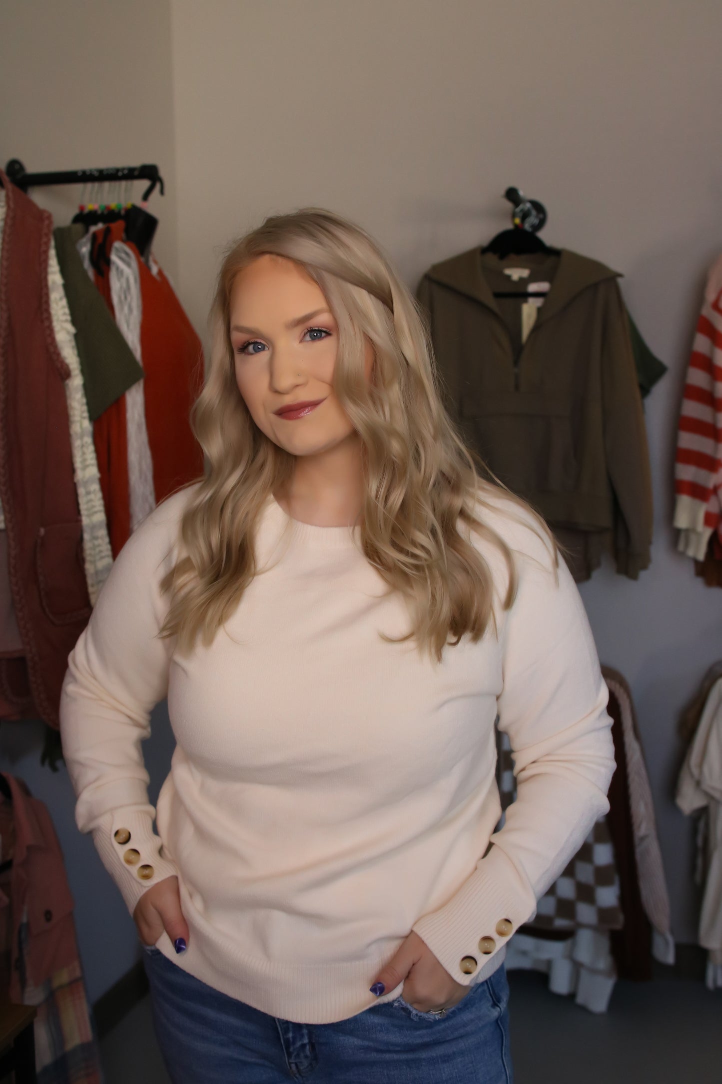 Botton Sleeve Crew Neck Sweater