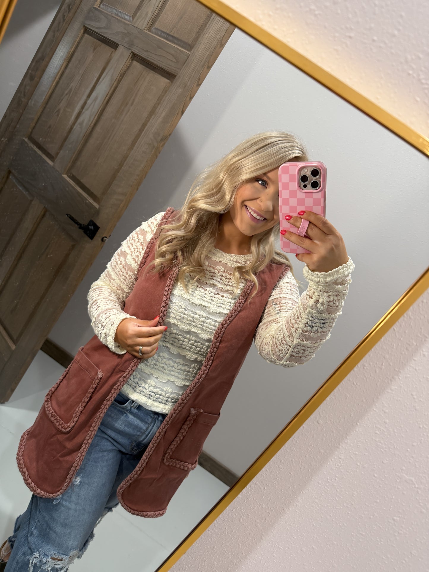Braided Edge Washed Long Open Vest