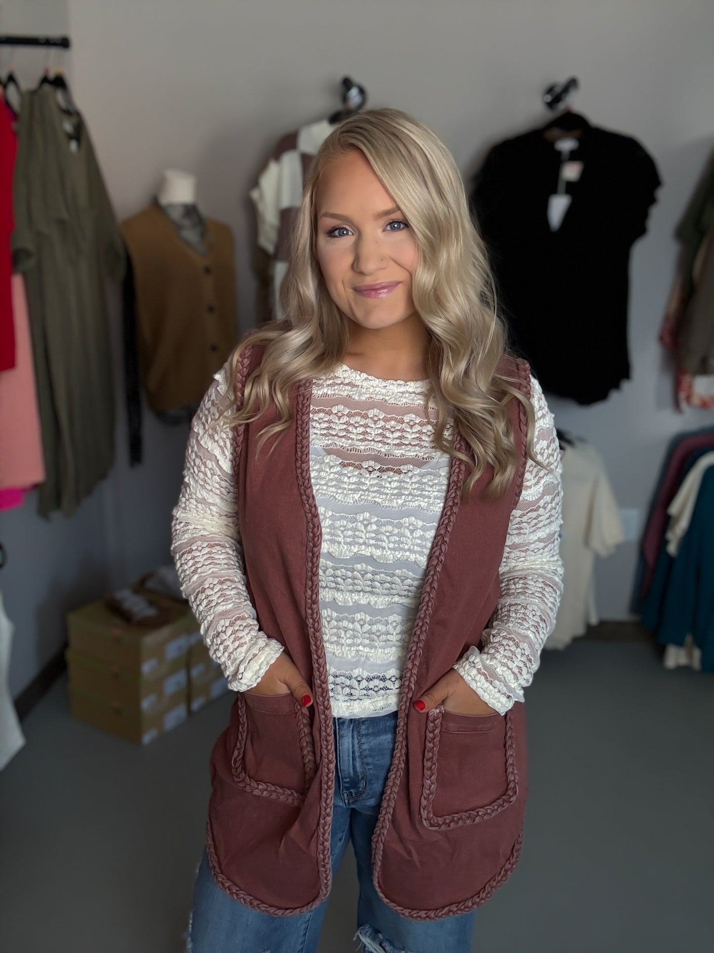 Braided Edge Washed Long Open Vest