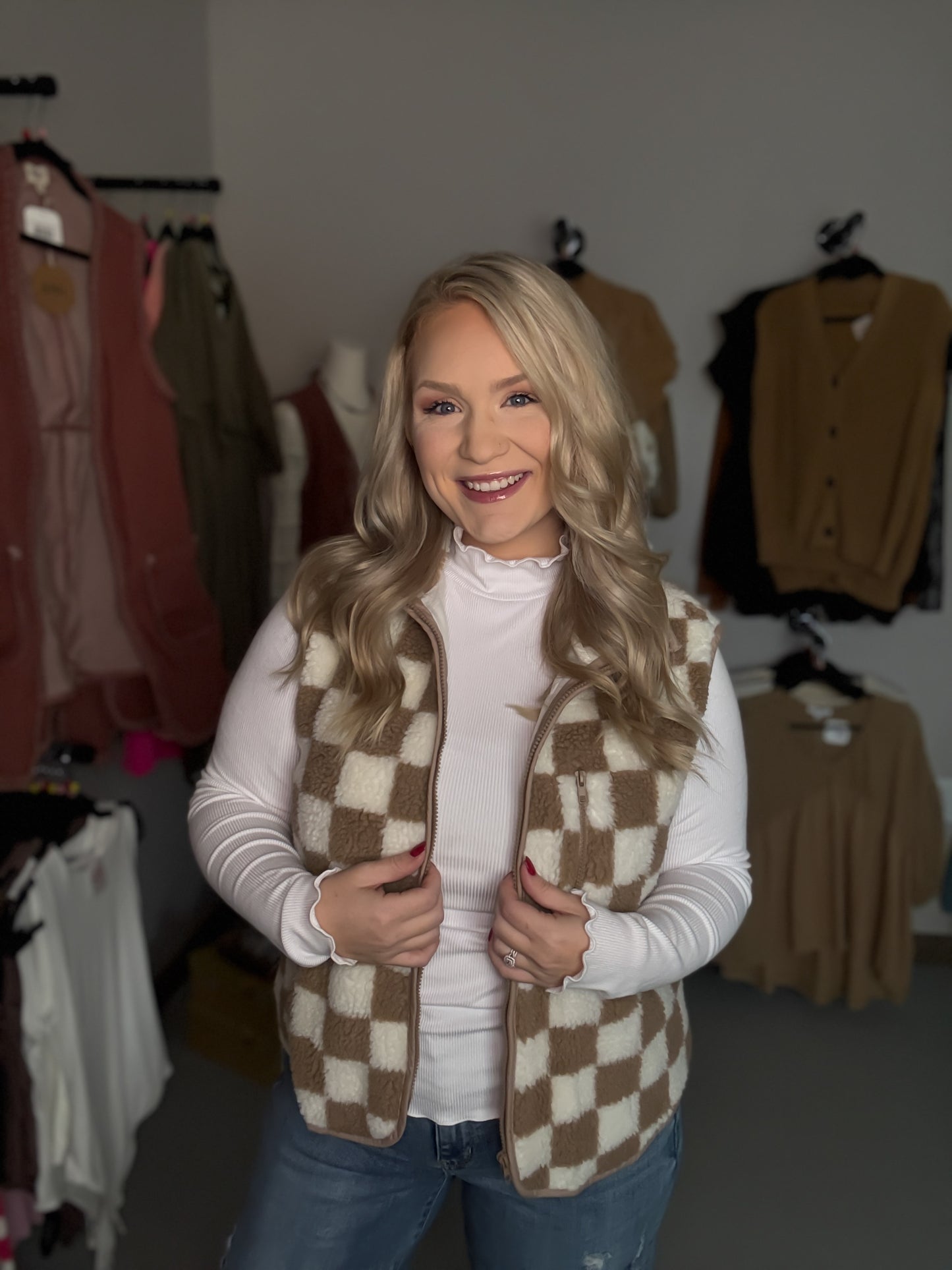 Khaki Checkered Sherpa Vest