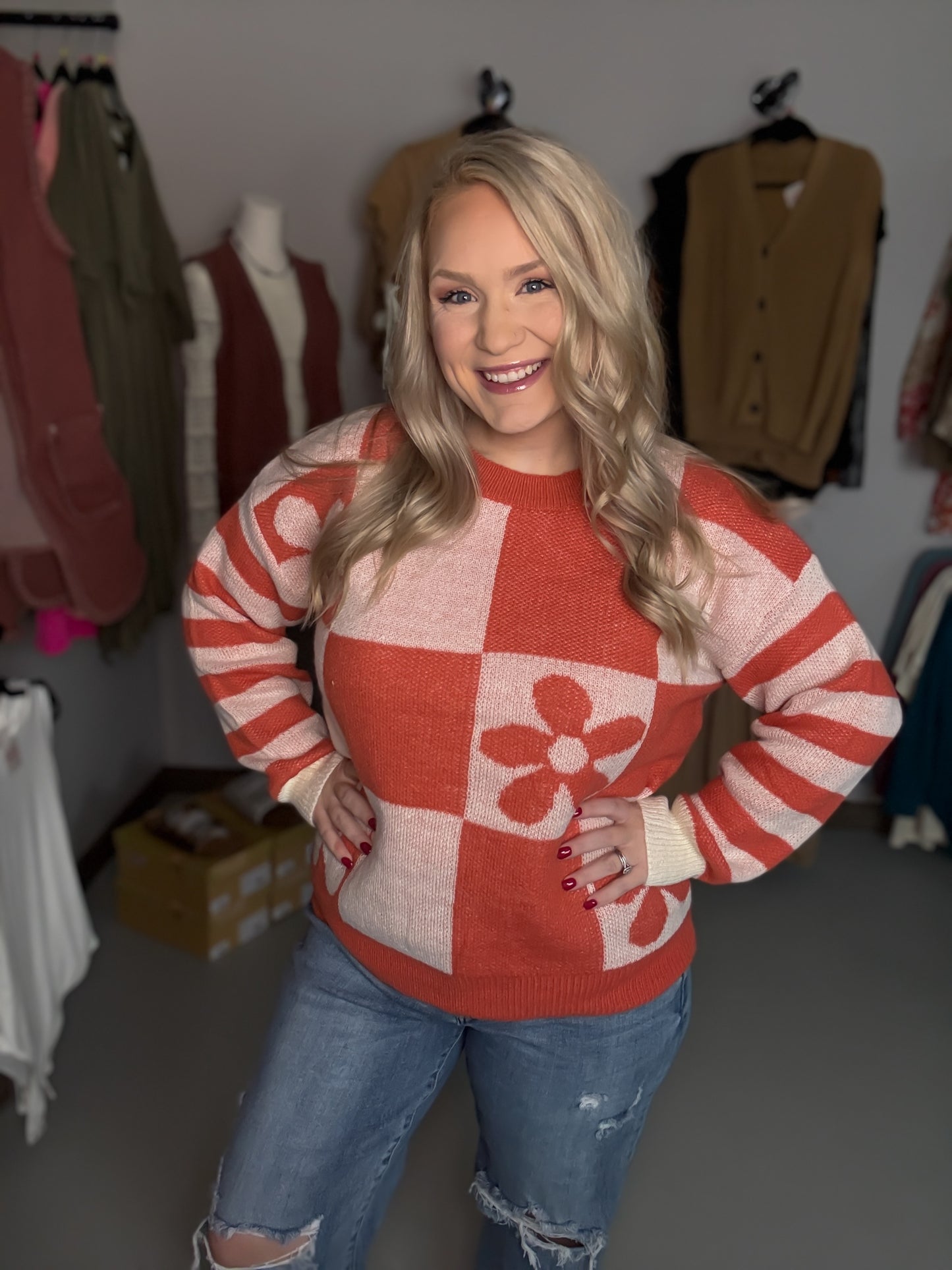 Checkered Floral Sweater