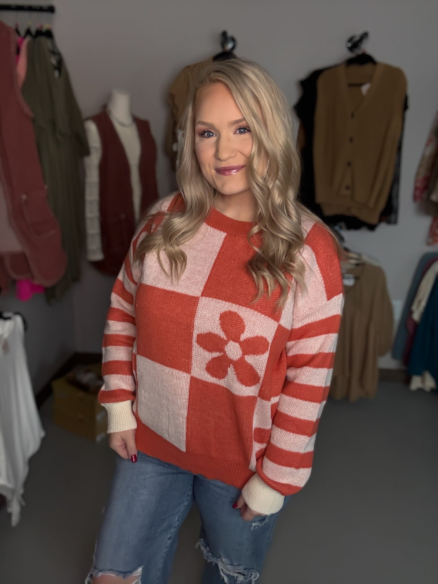 Checkered Floral Sweater
