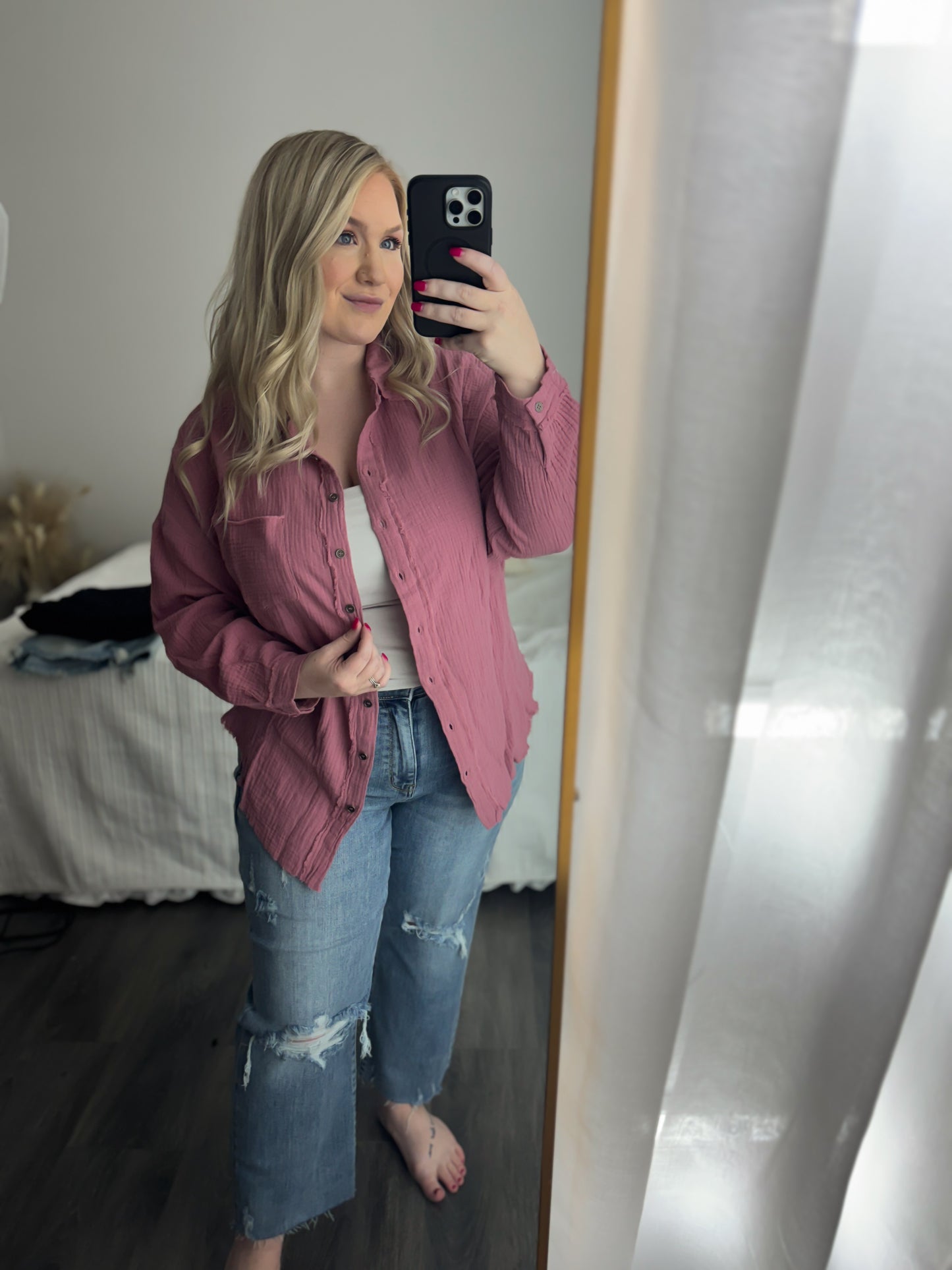 Oversized Raw Edge Button Up | Light Rose