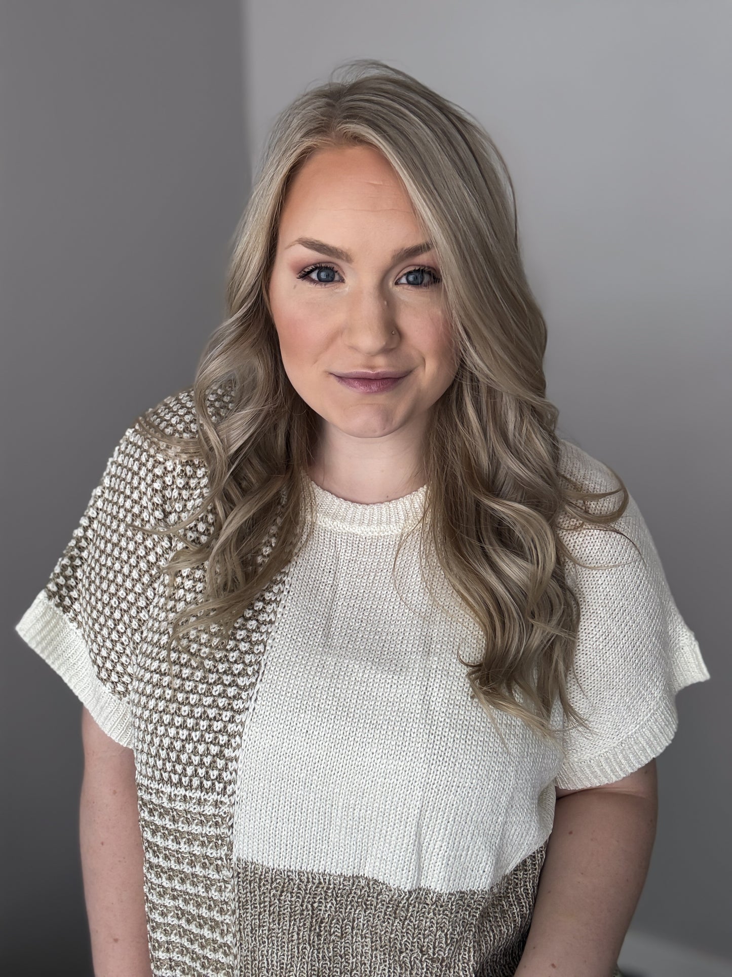 Plus Size | Multi Pattern Colorblock Short Sleeve Sweater