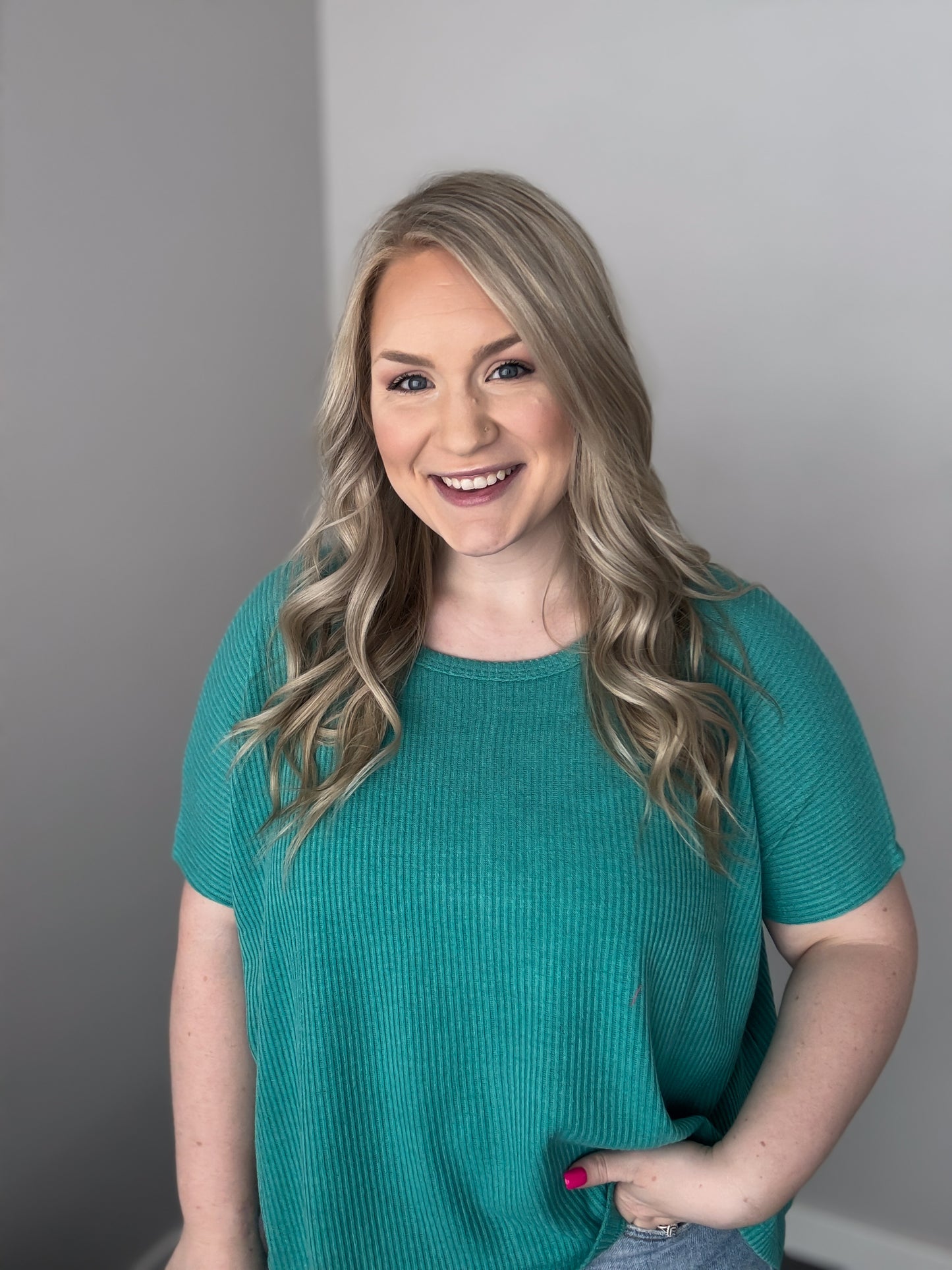 Ribbed Round Neck Short Sleeve Tee | Light Teal