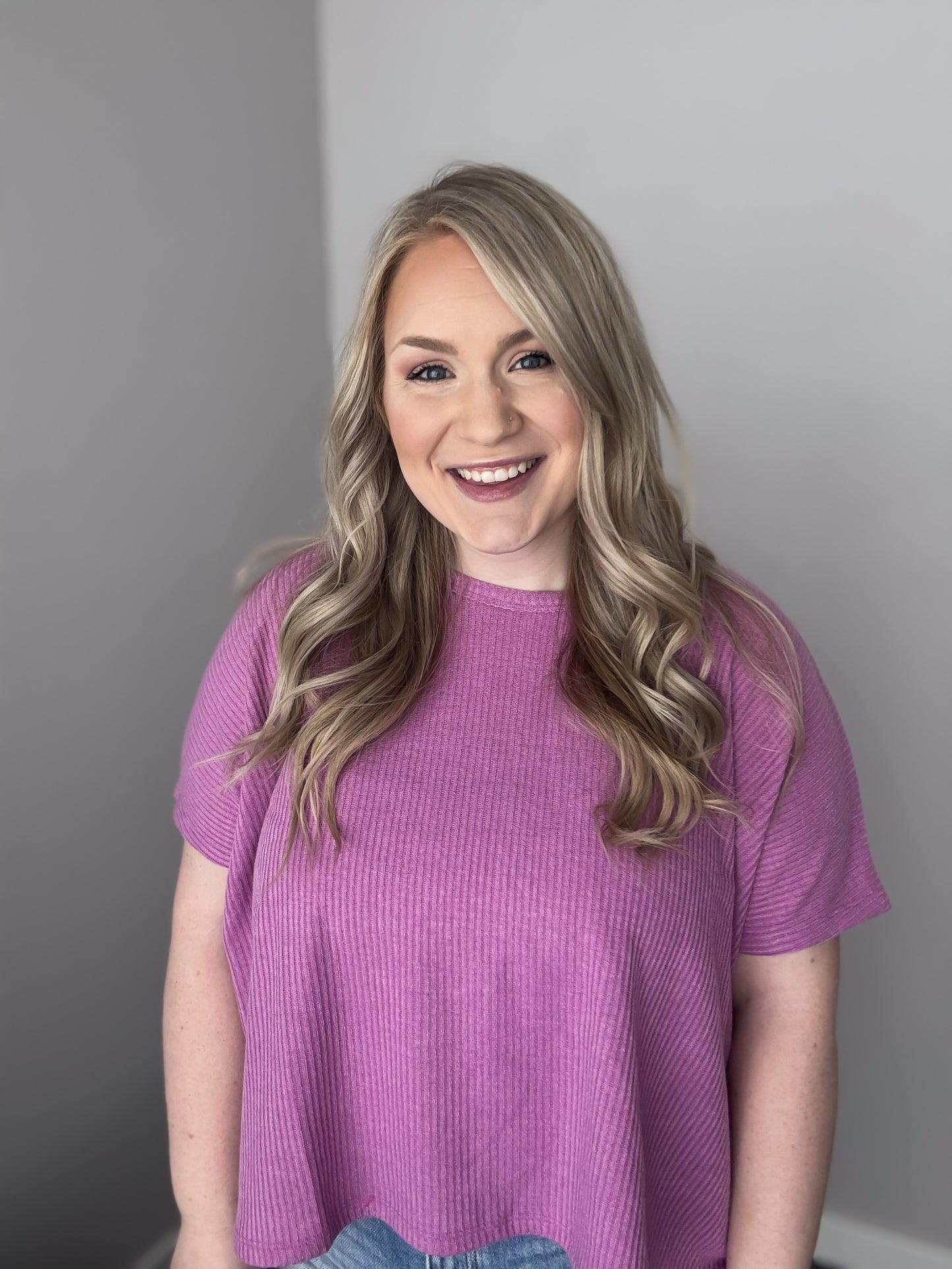 Ribbed Round Neck Short Sleeve Tee | Bright Mauve