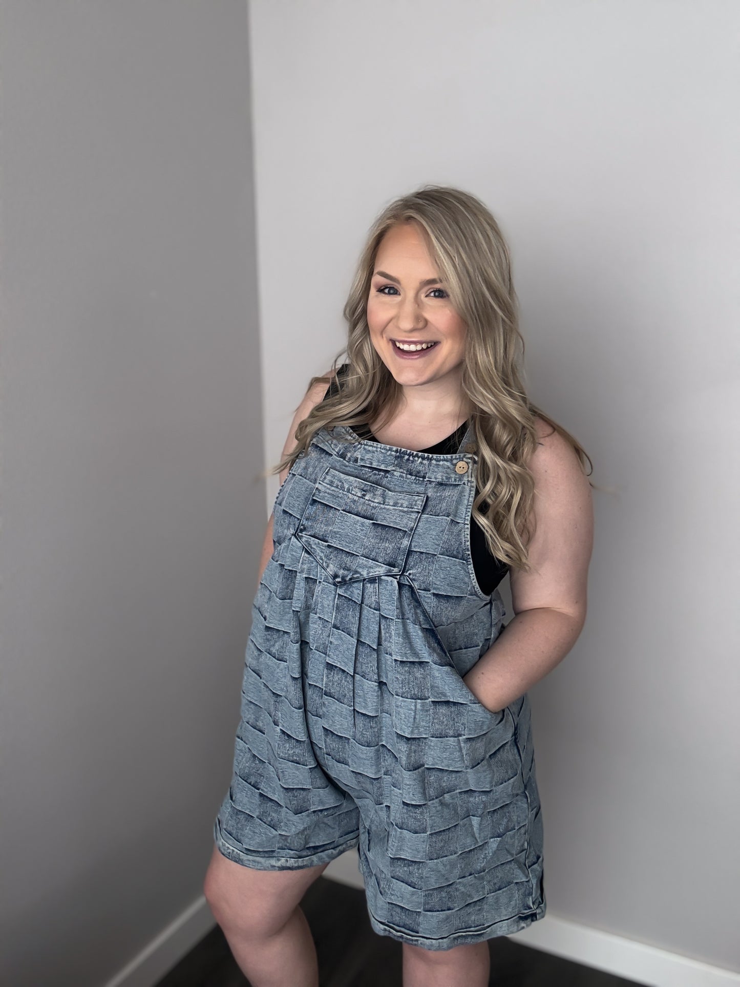 Washed Checker Denim Wide Leg Shortalls