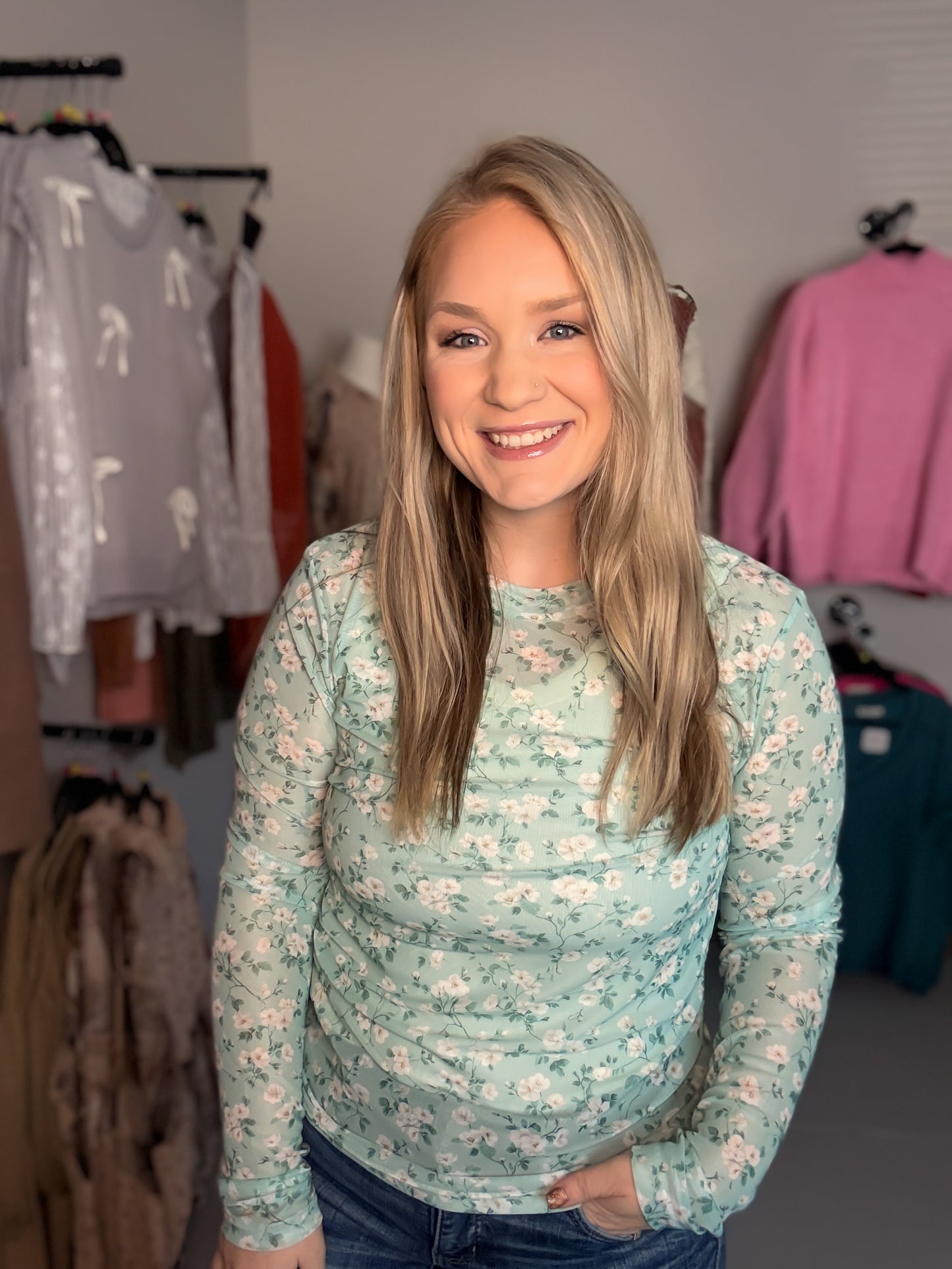 Floral Mesh Top | Sage