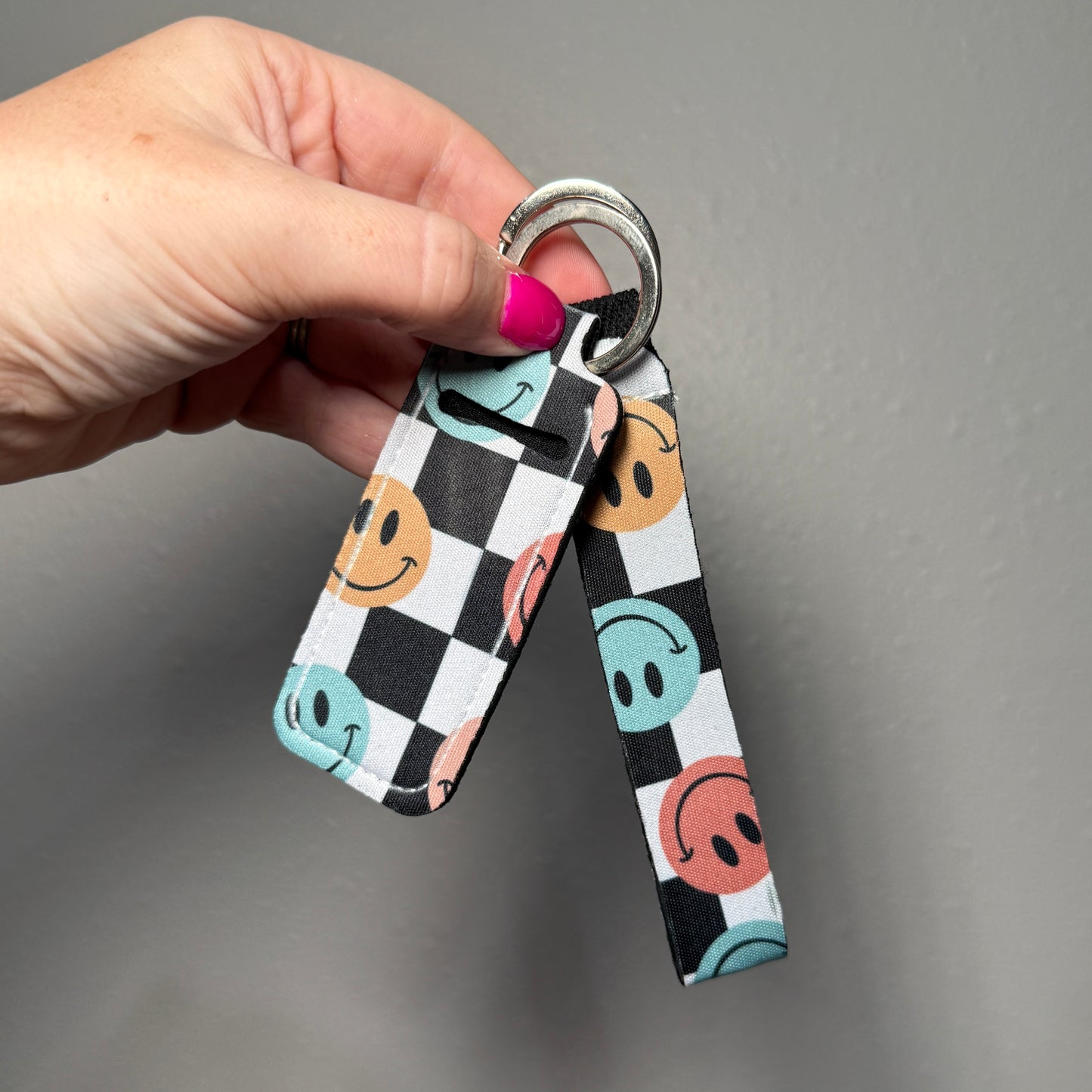 Wristlet Keychain and Chapstick Holder | Smiley Checkered Print