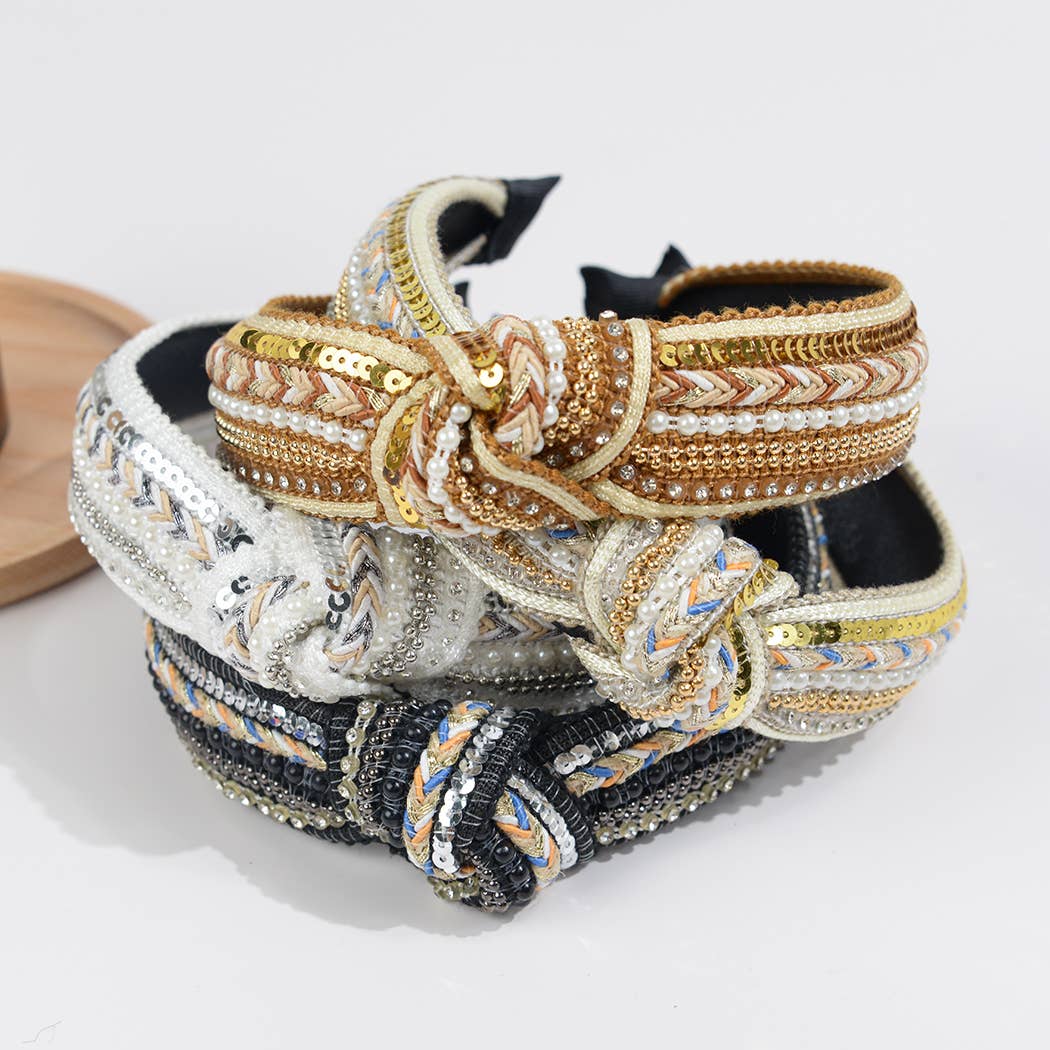 Rhinestone Knotted Headband | White