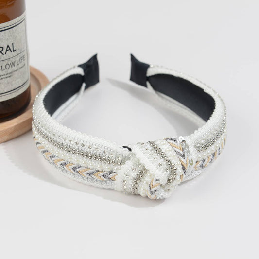 Rhinestone Knotted Headband | White