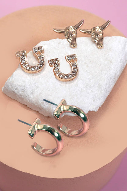 Western Horseshoe Bull Earrings Trio | Gold