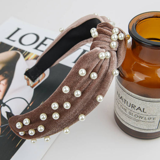 Knotted Beaded Pearl Headband | Coffee