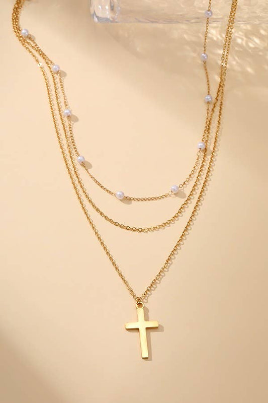 18K Stainless Steel Layered Pearl Cross Necklace | Gold