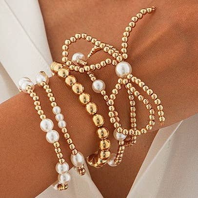Multi Layer Bead Pearl Bow Bracelet | Gold