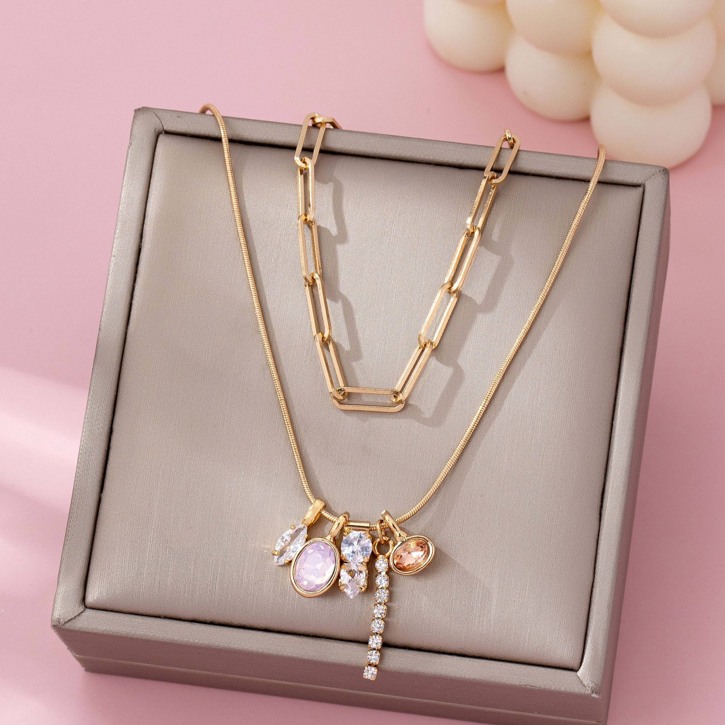 Crystal Cluster Charm Double-Layer Necklace | Gold