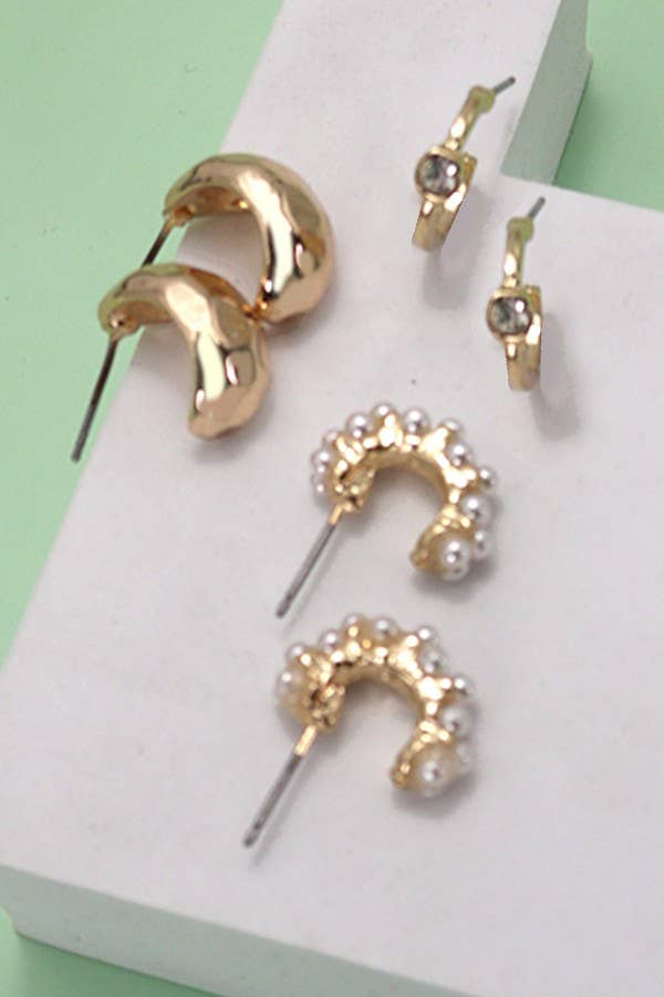 Pearl Huggie Hoop Trio Earrings | Gold