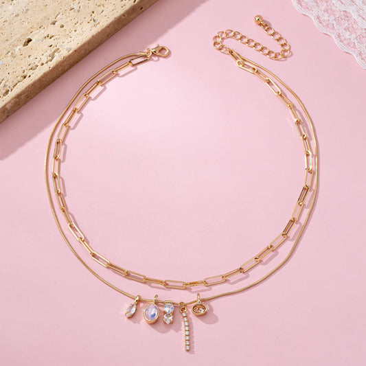 Crystal Cluster Charm Double-Layer Necklace | Gold