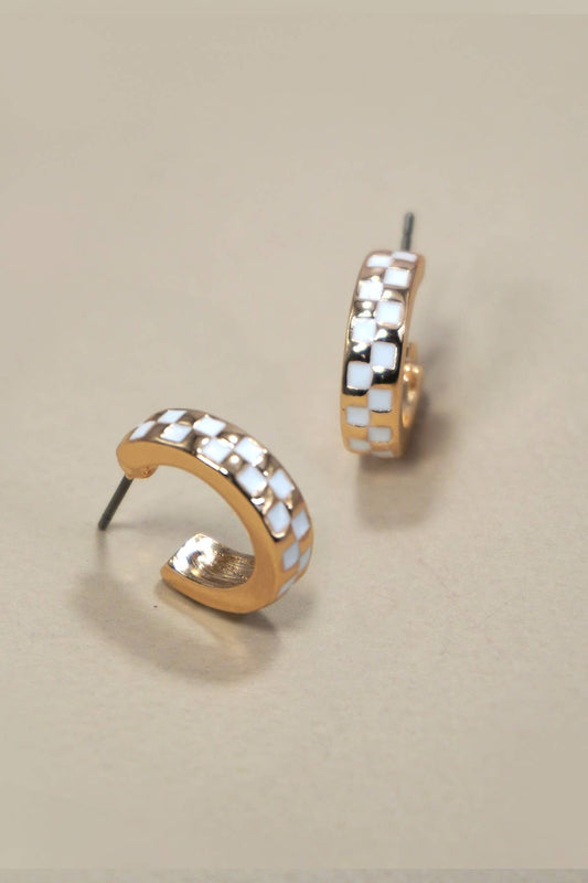 Mini Checkered Hoop Earrings | Gold/White