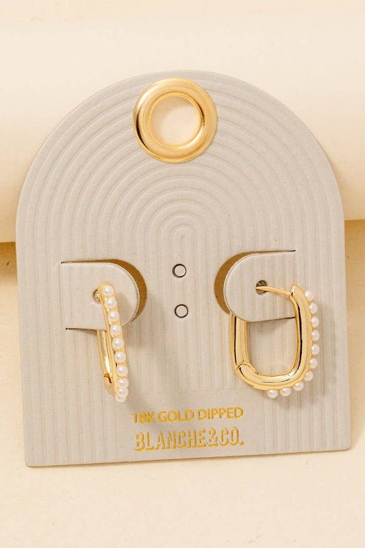 Pearl Rectangle Hoop Earrings | Gold