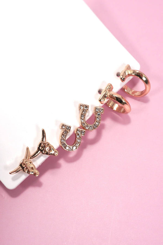 Western Horseshoe Bull Earrings Trio | Gold