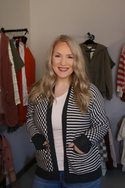 Checkerboard And Stripe Mix Sweater Cardigan