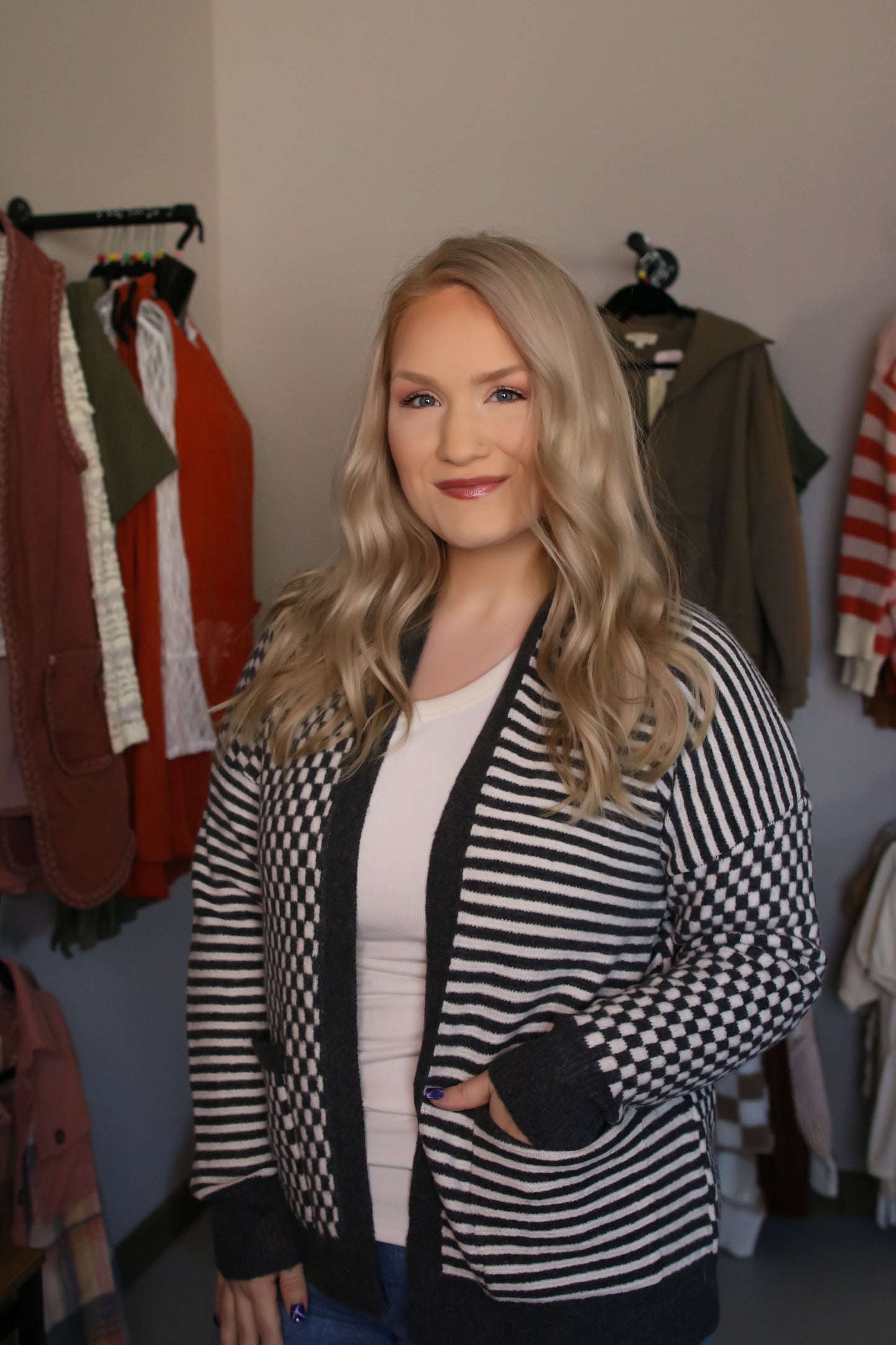 Checkerboard And Stripe Mix Sweater Cardigan
