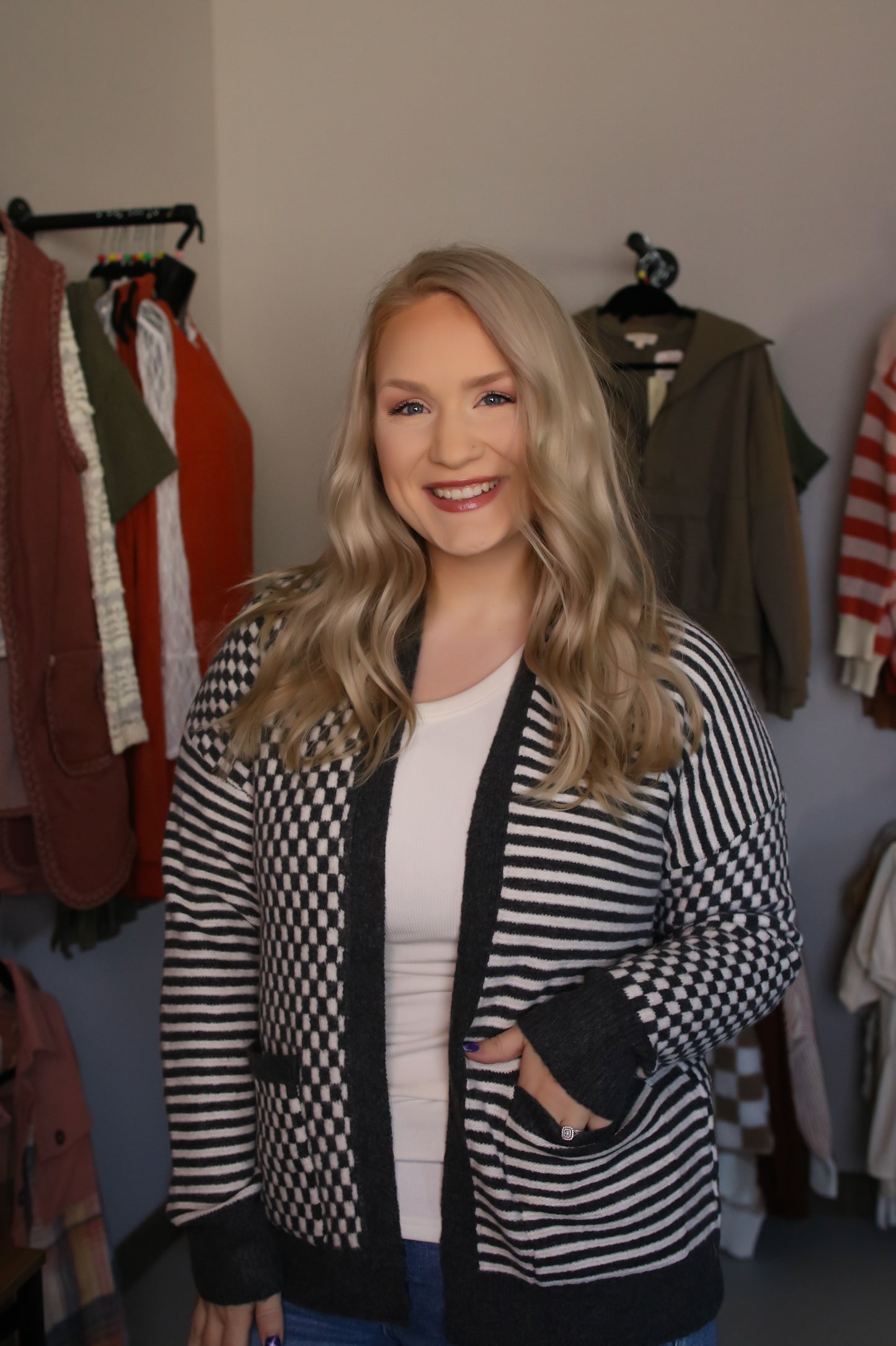 Checkerboard And Stripe Mix Sweater Cardigan