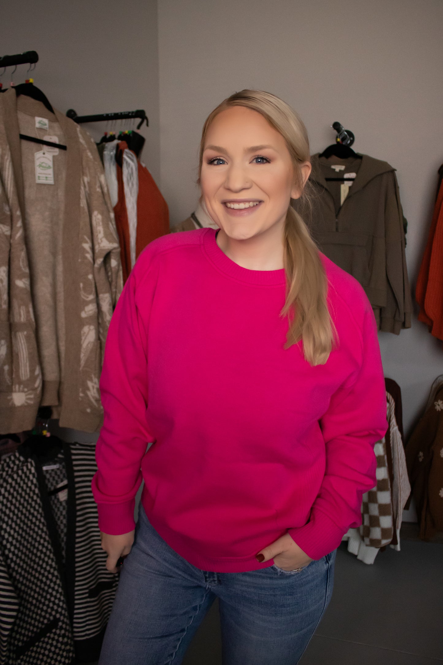Fleece Round Neck Sweatshirts | Hot Pink