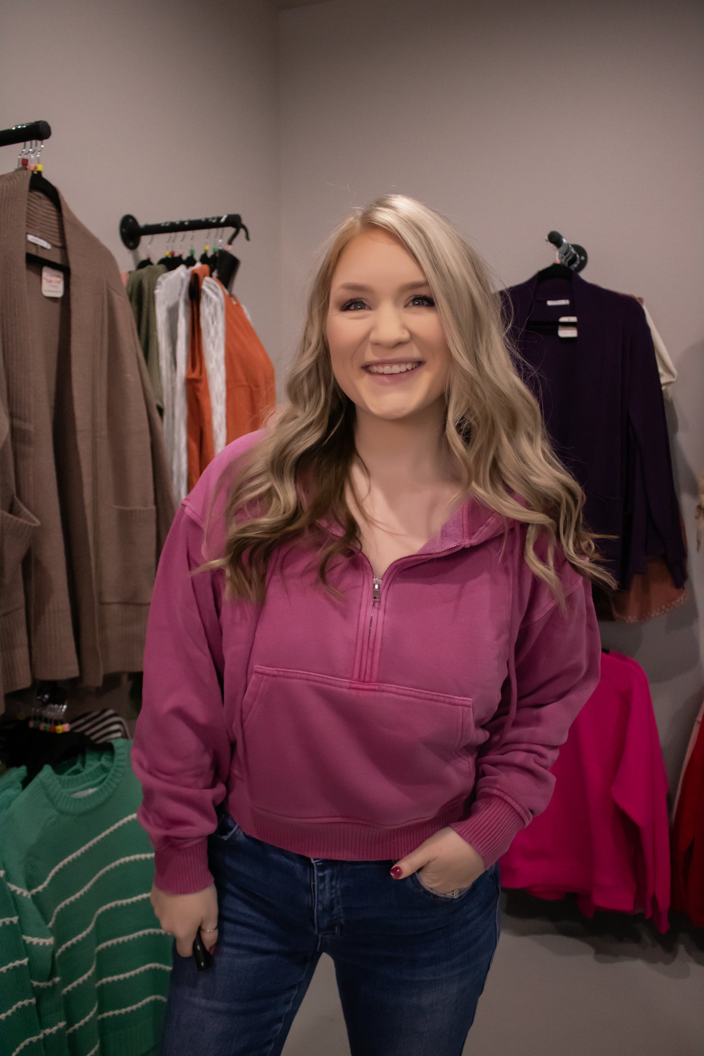 Fleece Half Zip Kangaroo Pocket Hoodie