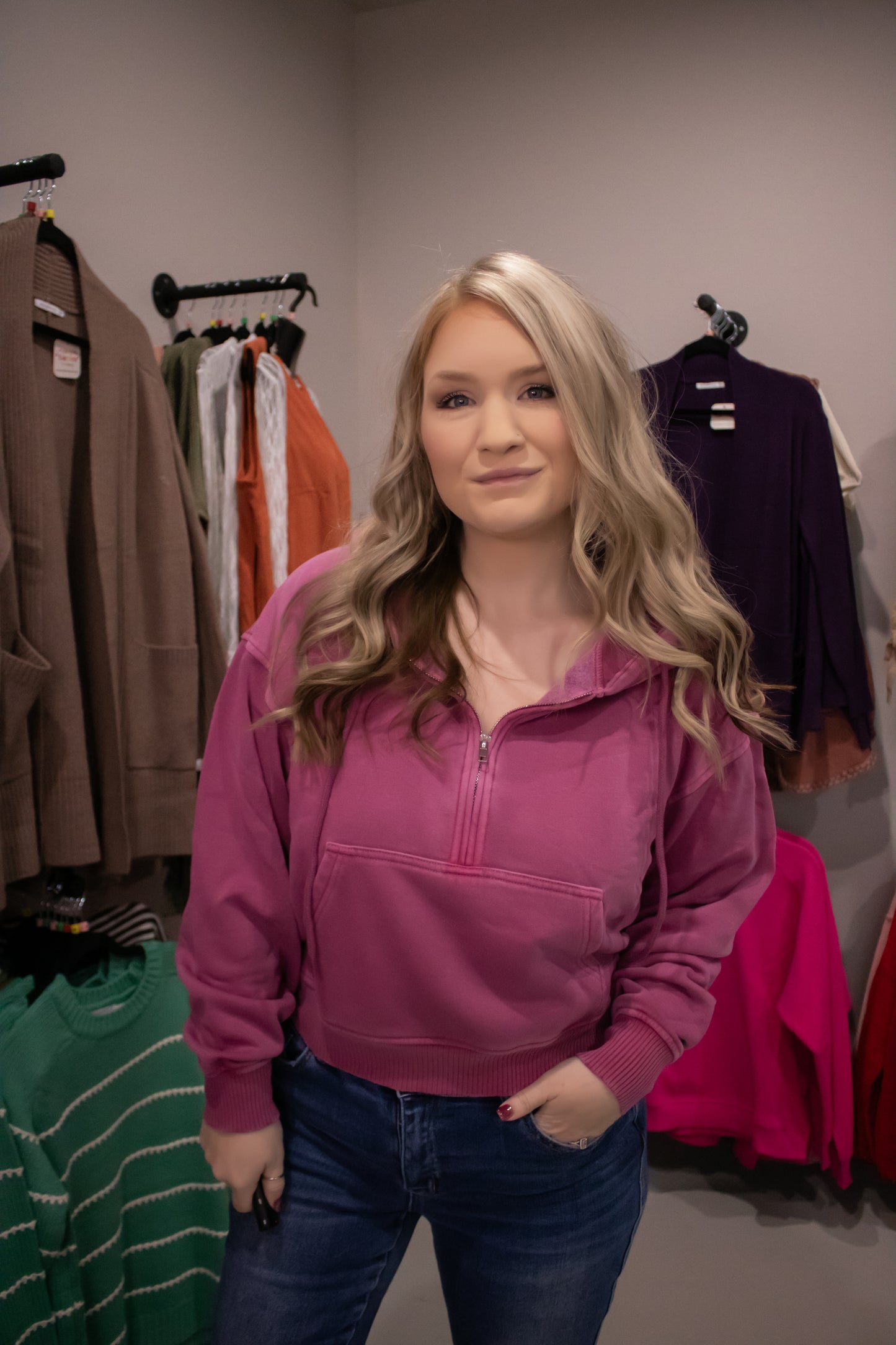 Fleece Half Zip Kangaroo Pocket Hoodie