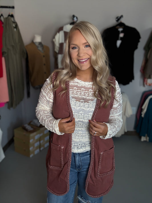 Braided Edge Washed Long Open Vest