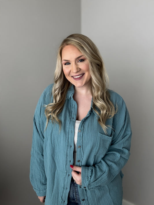 Oversized Raw Edge Button Up | Blue Grey
