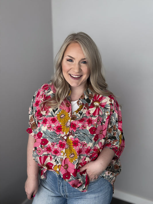 Floral Rayon Printed Button Down Shirt Top