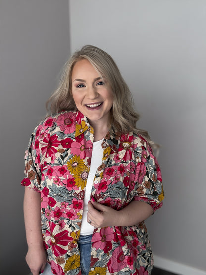Floral Rayon Printed Button Down Shirt Top