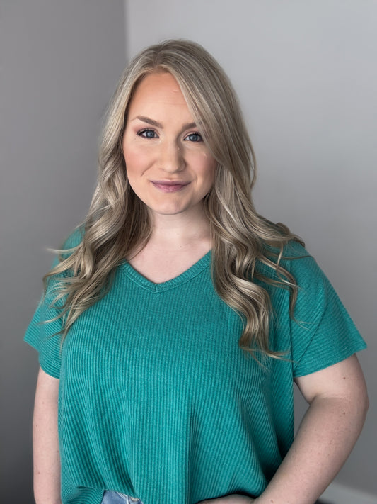 Ribbed V-Neck Short Sleeve Tee | Light Teal