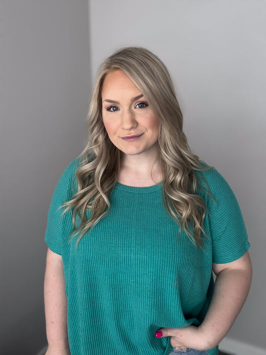 Ribbed Round Neck Short Sleeve Tee | Light Teal