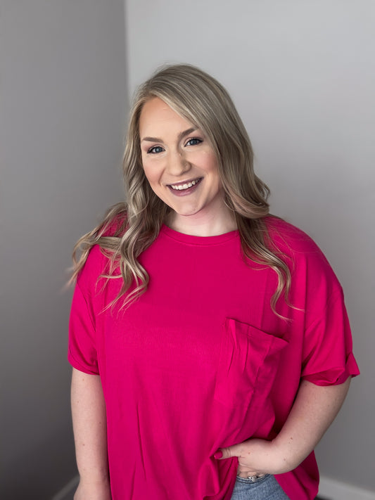 Plus Size | Oversized Ribbed Round Neck Short Sleeve Tee | Hot Pink