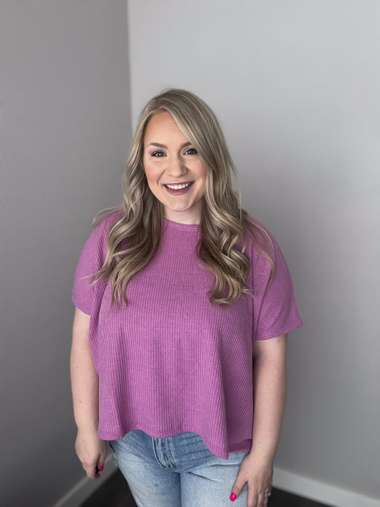 Ribbed Round Neck Short Sleeve Tee | Bright Mauve