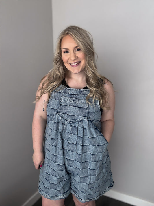 Washed Checker Denim Wide Leg Shortalls