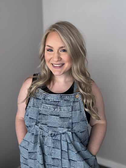 Washed Checker Denim Wide Leg Shortalls