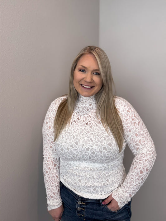 Maci Flower Lace Mock Neck Long Sleeve Top