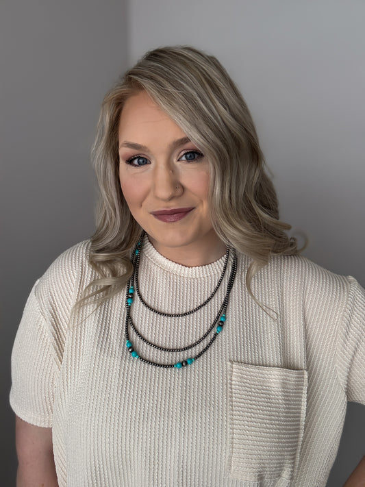 Faux Silver Pearl and Turquoise Layered Necklace