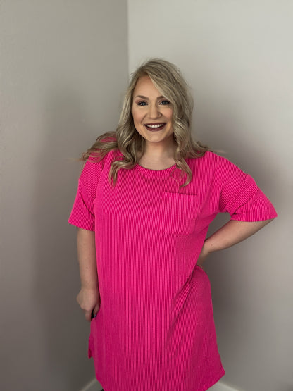 Rib Knit Short Sleeve Tee Dress - Fuschia