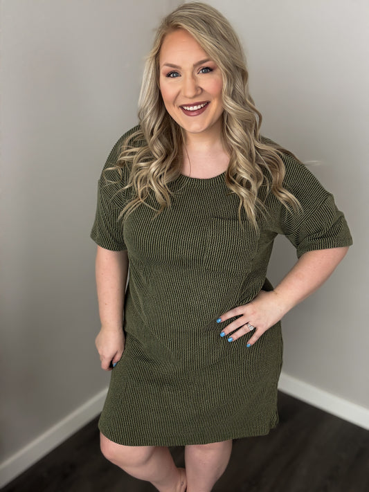 Rib Knit Short Sleeve Tee Dress - Olive